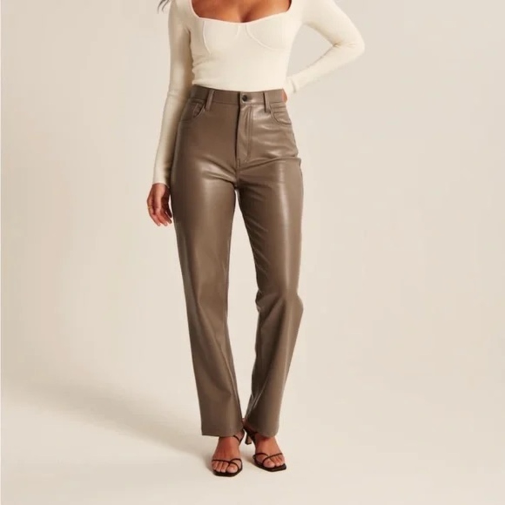 A&F curve love the 90's straight ultra high rise leather pants in taupe